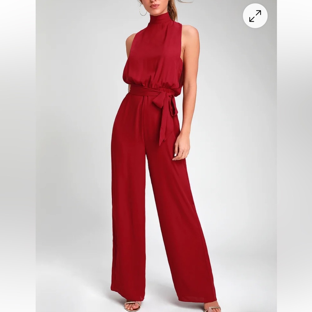 Lulu's High-Neck Belted Wide-Leg Jumpsuit in Deep Red